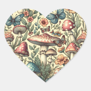 Vintage Mushrooms, Flowers, Butterflies Whimsical Heart Sticker