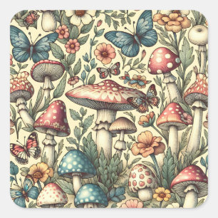 Vintage Mushrooms, Flowers, Butterflies Whimsical Square Sticker