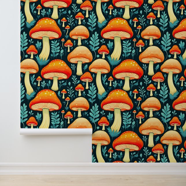 Vintage Mushrooms in Retro Colour Wallpaper (Application)