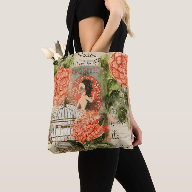 Vintage Music and Floral Collage Tote Bag (Close Up)