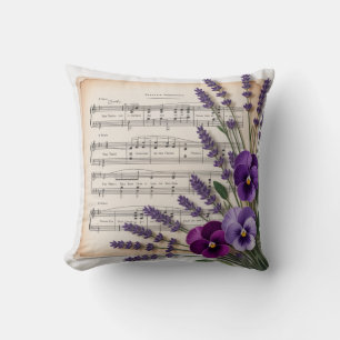 Vintage Music and Lavender Pansies Floral Cushion