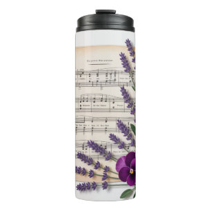 Vintage Music and Lavender Pansies Floral Thermal Tumbler
