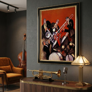 Vintage Music, Art Deco Musical Jazz Band Jamming Poster