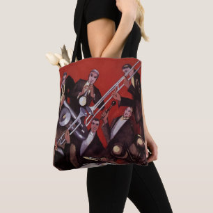 Vintage Music, Art Deco Musical Jazz Band Jamming Tote Bag