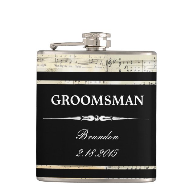Vintage Music Black GROOMSMAN Wedding Flask (Front)