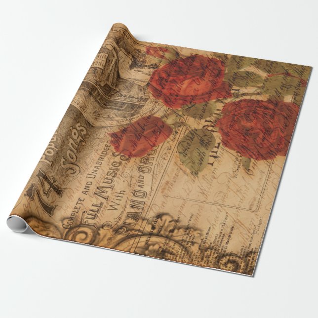 Vintage Music Cover & Rose Shabby Chic Wrapping Paper (Unrolled)