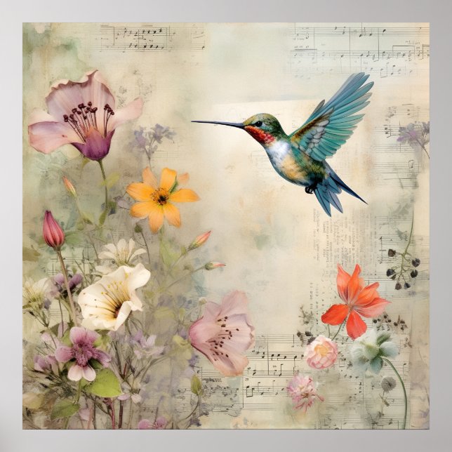 Vintage Music Floral French Hummingbird Art  Poster (Front)