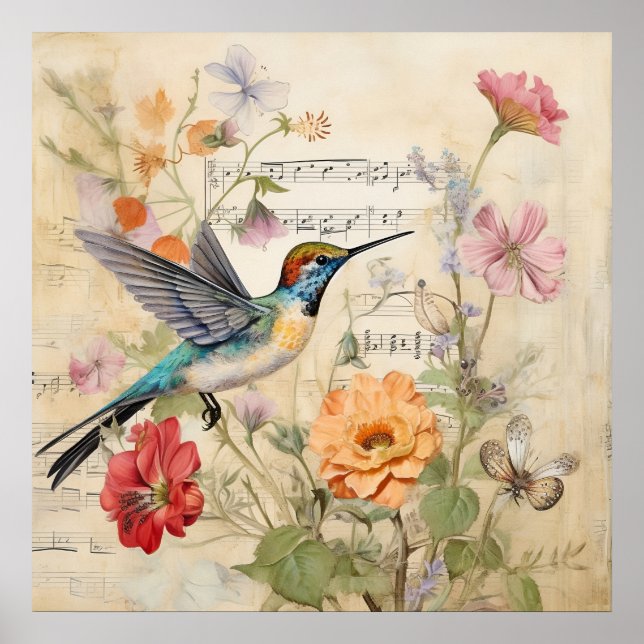 Vintage Music Floral French Hummingbird Art  Poster (Front)