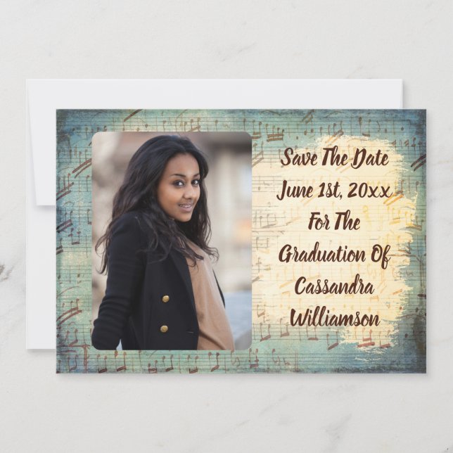 Vintage Music Graduation Photo Save The Date (Front)