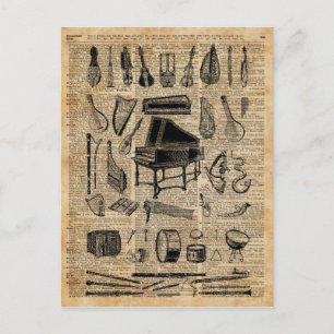 Vintage Music Instruments Dictionary Art Postcard