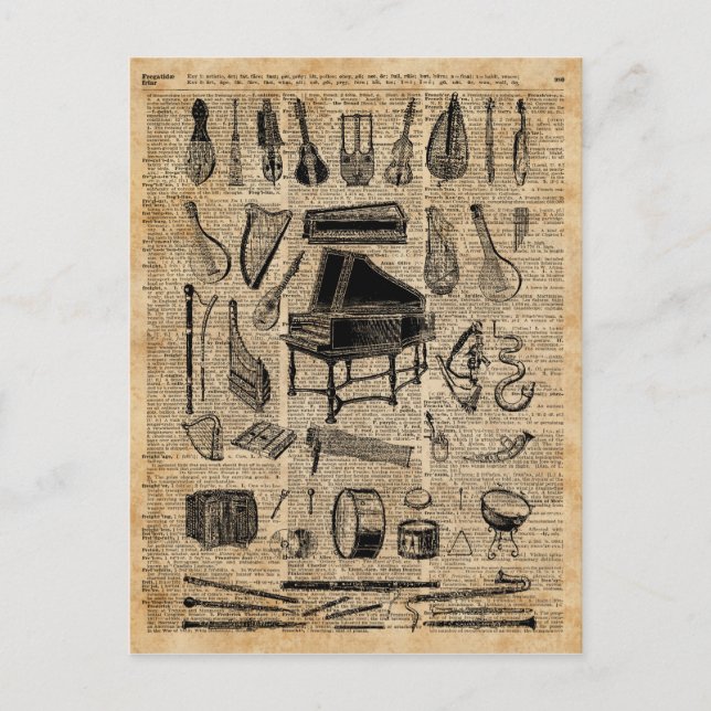 Vintage Music Instruments Dictionary Art Postcard (Front)
