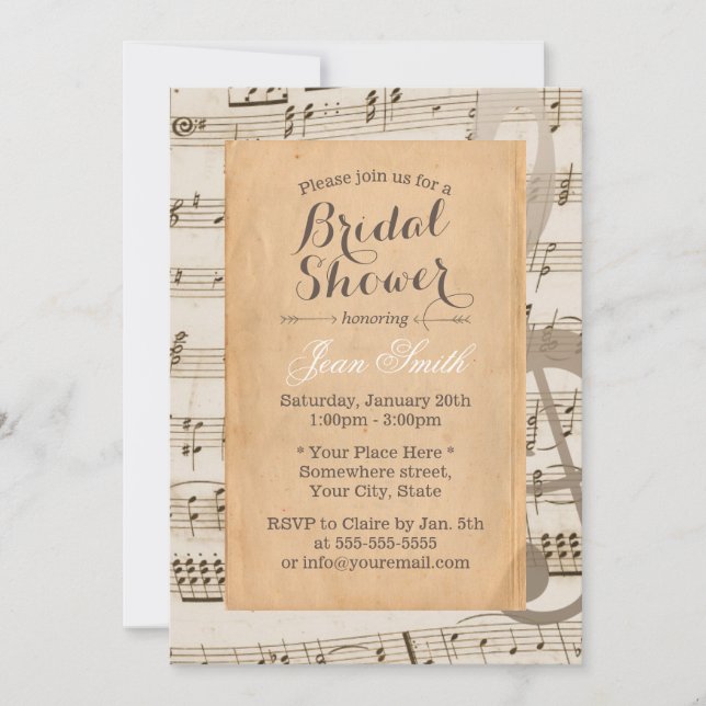 Vintage Music Notes Elegant Bridal Shower Invitation (Front)