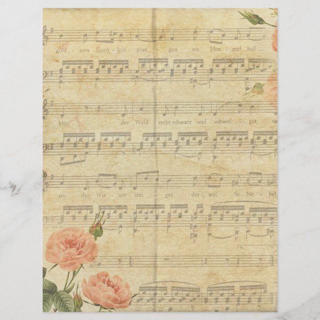 Vintage Music Notes Floral Aged Scrapbook Paper (Front)