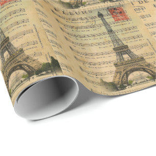 vintage music notes french paris eiffel tower wrapping paper
