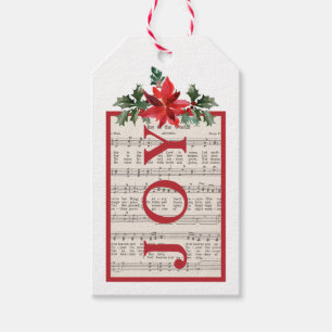 Vintage Music Notes Holly Poinsettia JOY Christmas Gift Tags
