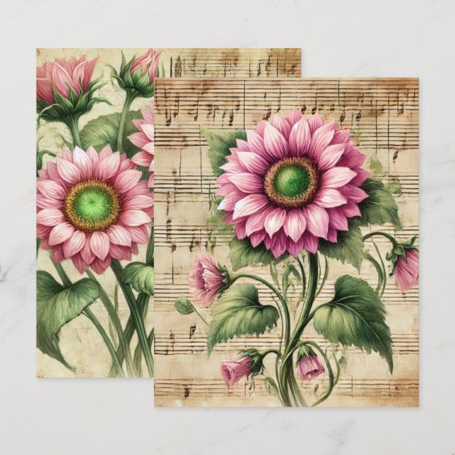 Vintage Music Pink & Green Sunflowers Scrapbook (Front/Back)