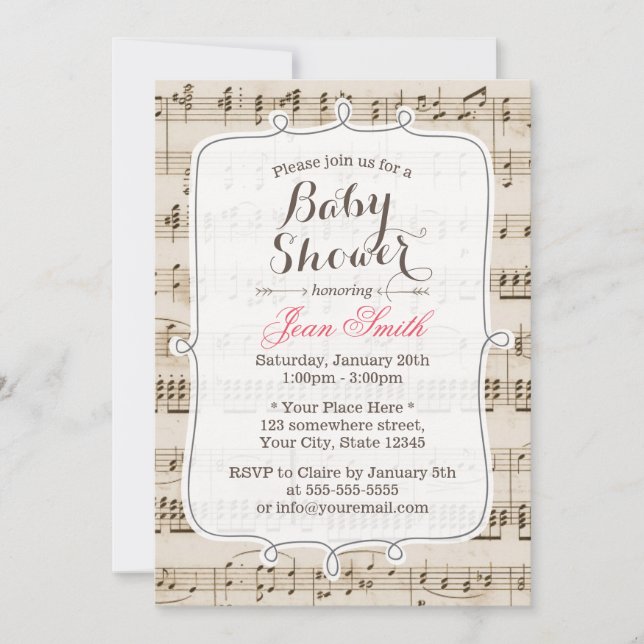 Vintage Music Sheet Baby Shower Invitations (Front)