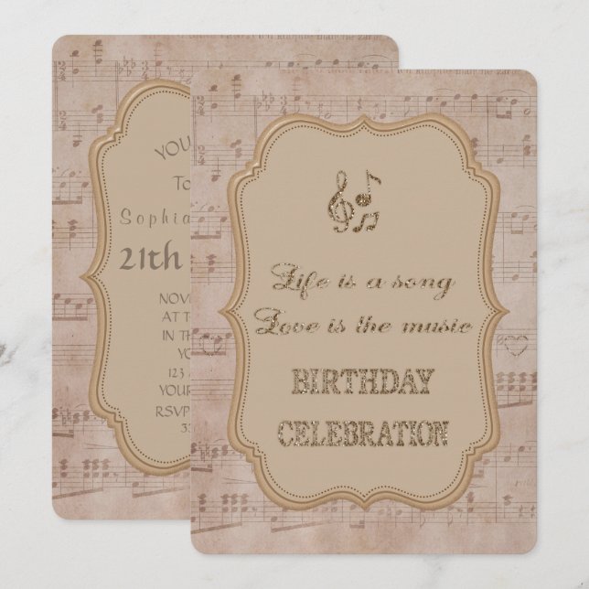 Vintage Music Sheet Gold Birthday Party Invitation (Front/Back)