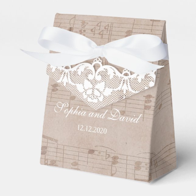 Vintage Music Sheet & Lace Wedding Custom Favour Box (Front Side)