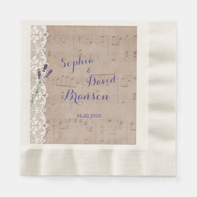 Vintage Music Sheet & Lace Wedding Napkin (Front)