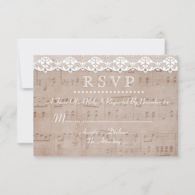 Vintage Music Sheet & Lace Wedding RSVP Custom (Front)