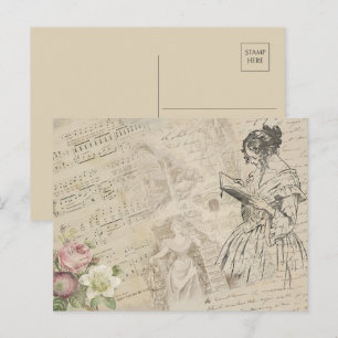 Vintage Music Sheet Script Love Letter Lady Floral Postcard