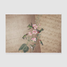 Vintage Music Sheets, Humming Birds, Pink Flowers