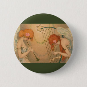 Vintage Music Victorian Angel Musicians Flute Harp 6 Cm Round Badge