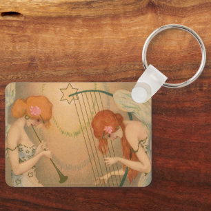 Vintage Music Victorian Angel Musicians Flute Harp Key Ring