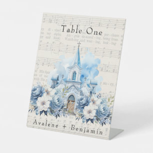 Vintage Musical Dusty Blue Peony Church Wedding Pedestal Sign