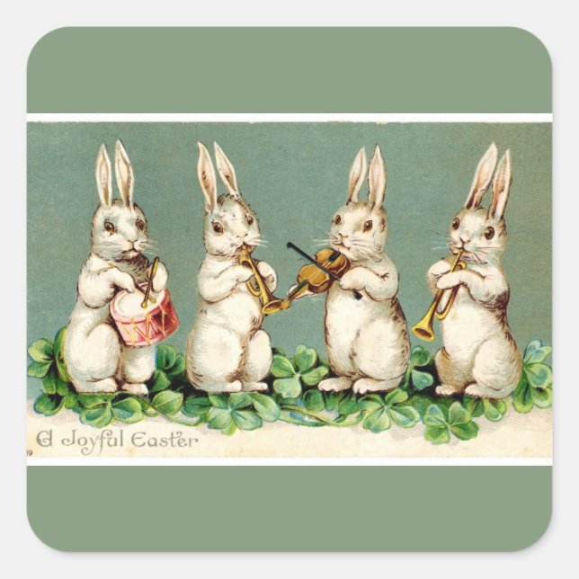 Vintage Musical Easter Bunnies Green Square Sticker (Front)