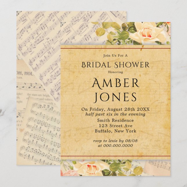 Vintage Musical Floral Bridal Shower  Invitation (Front/Back)