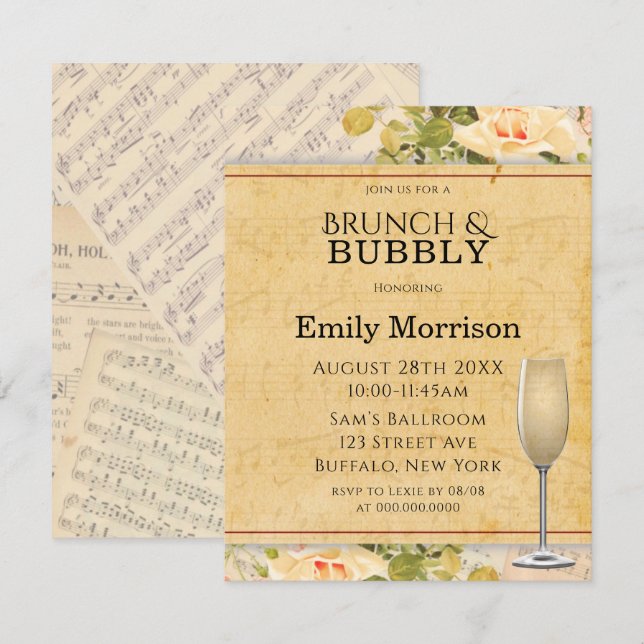 Vintage Musical Floral Brunch & Bubbly Invites (Front/Back)