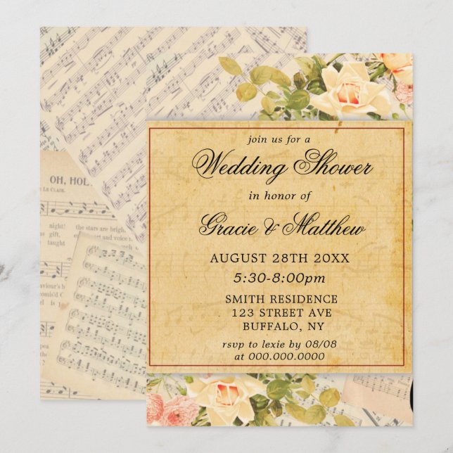 Vintage Musical Floral Wedding Shower Invitations  (Front/Back)