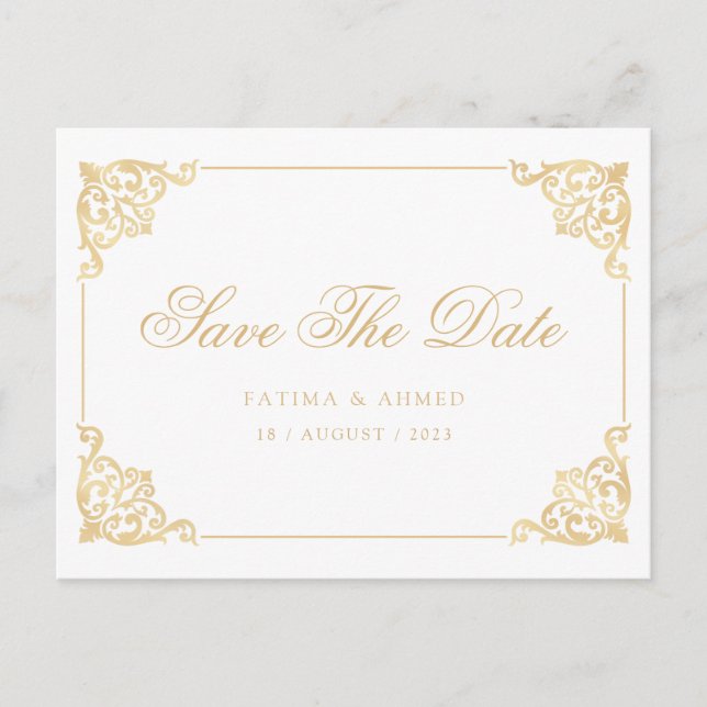 Vintage Muslim White Save The Date Announcement (Front)