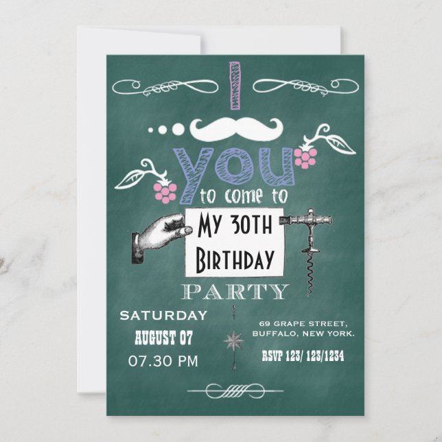 Vintage mustache Chalkboard Adult Birthday Party Invitation (Front)