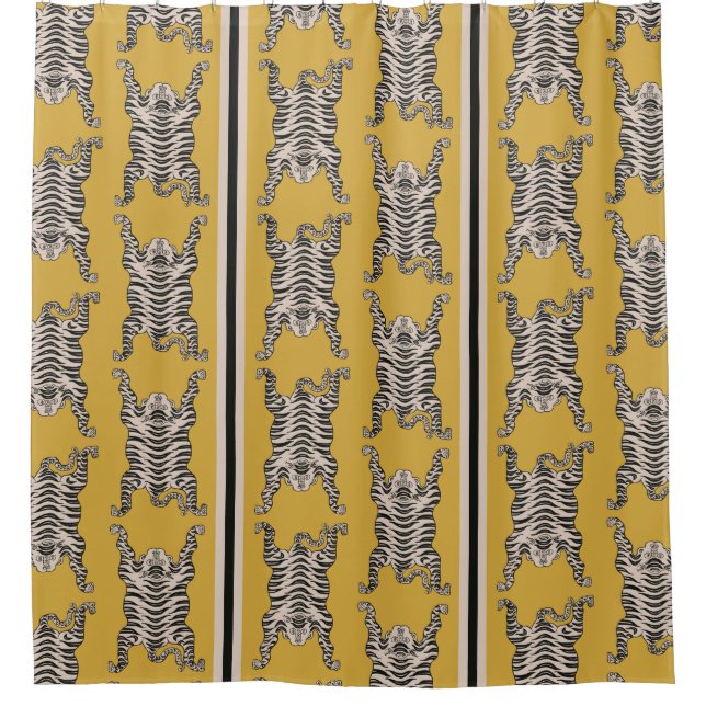 Vintage Mustard Asian Tiger pattern Striped Shower Curtain (Front)