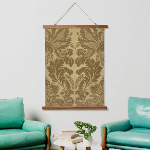 Vintage Mustard Gold Floral Brocade Damask Hanging Tapestry