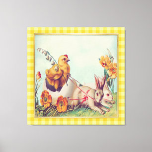 Vintage Mustard Yellow Easter Bunny & Chick Art Canvas Print