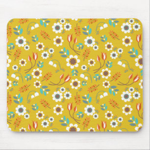 Vintage Mustard Yellow Floral Flowers Pattern Mouse Mat