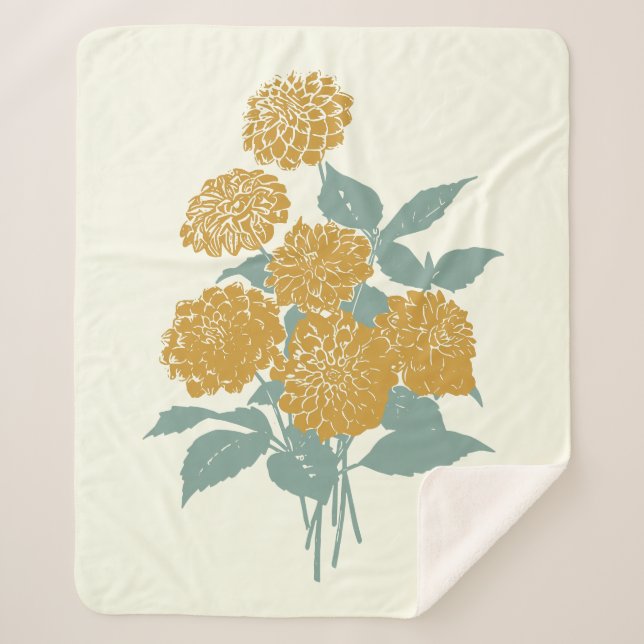 Vintage Mustard Yellow Flower Illustration Sherpa Blanket (Front)