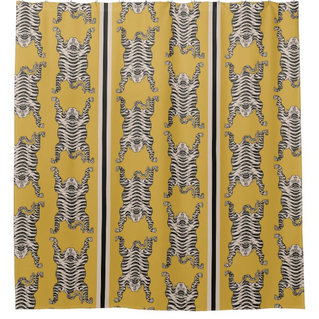 Vintage Mustard Yellow Tiger pattern Striped Shower Curtain (Front)