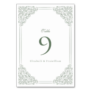 Vintage Muted Green Frame Elegant Script Wedding  Table Number