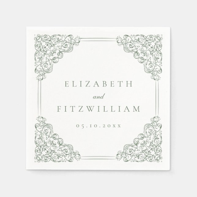 Vintage Muted Green Ornate Frame Wedding Napkin (Front)