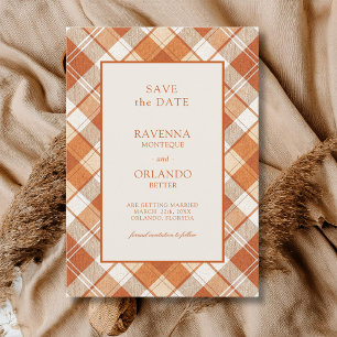 Vintage Muted Orange Plaid Gingham Wedding Save The Date