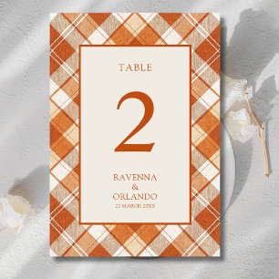 Vintage Muted Orange Plaid Gingham Wedding Table Number