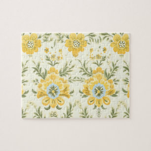 Vintage muted yellow flower plant pattern jigsaw puzzle