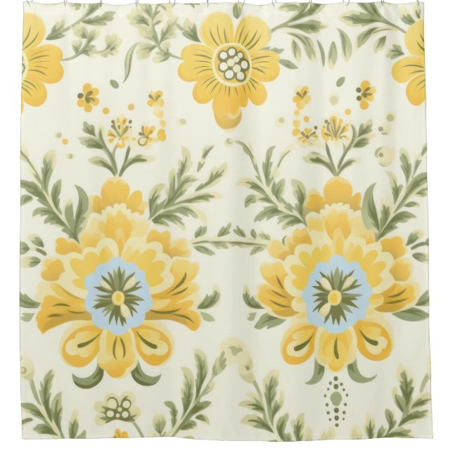Vintage muted yellow flower plant pattern shower curtain (Front)