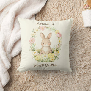 Vintage My First Easter Bunny Floral Wreath Cushion