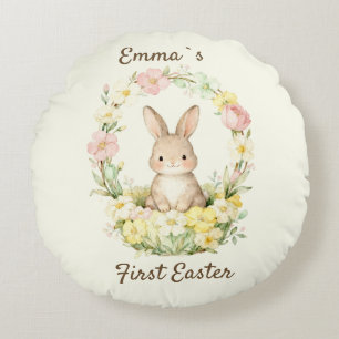 Vintage My First Easter Bunny Floral Wreath Round Cushion